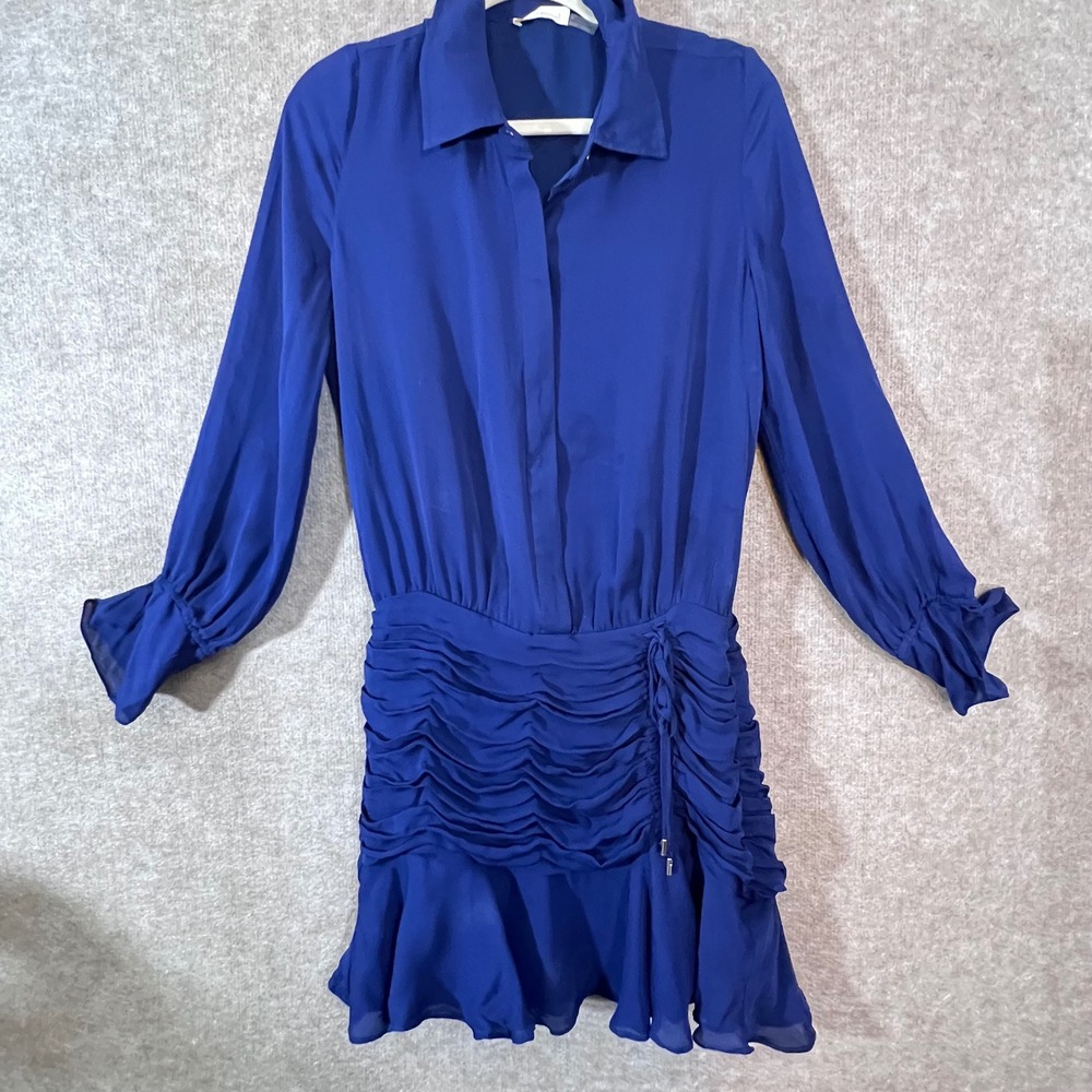Ramy Brook Ruched Mini Dress Womens Large Blue Long Sleeve Silk Blend Chic